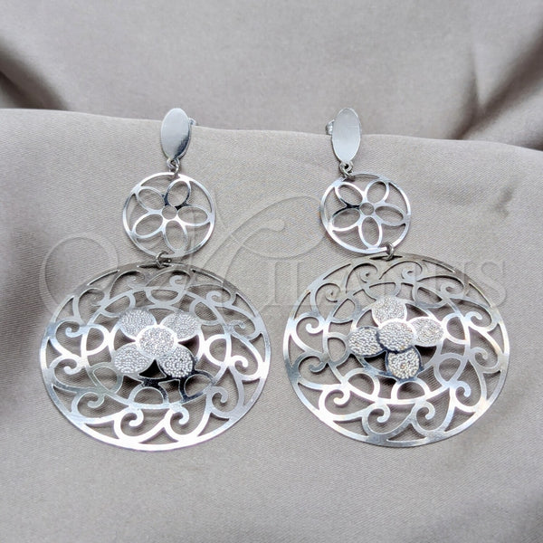 Stainless Steel Long Earring, Flower Design, Polished, Steel Finish, 02.63.2858