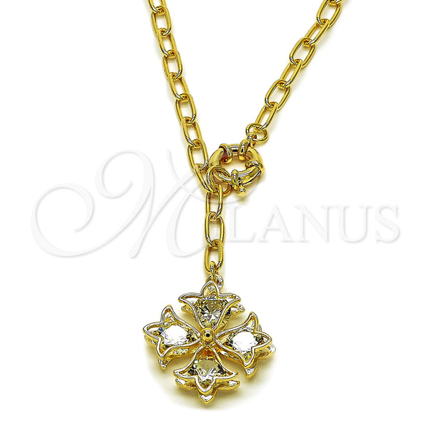 Oro Laminado Pendant Necklace, Gold Filled Style Four-leaf Clover and Flower Design, with White Crystal, Polished, Golden Finish, 04.63.1436.20 (Thickness, 20 Inches Length)