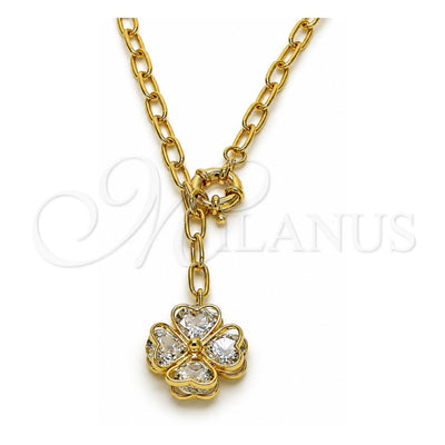 Oro Laminado Pendant Necklace, Gold Filled Style Four-leaf Clover and Heart Design, with White Crystal, Polished, Golden Finish, 04.63.1437.20 (Thickness, 20 Inches Length)