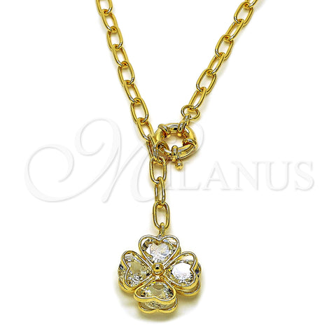 Oro Laminado Pendant Necklace, Gold Filled Style Four-leaf Clover and Heart Design, with White Crystal, Polished, Golden Finish, 04.63.1437.20 (Thickness, 20 Inches Length)