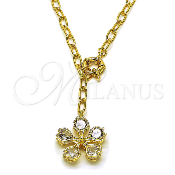 Oro Laminado Pendant Necklace, Gold Filled Style Flower and Rolo Design, with White Cubic Zirconia, Polished, Golden Finish, 04.63.1438.20 (Thickness, 20 Inches Length)