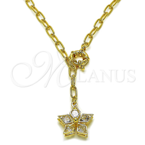 Oro Laminado Fancy Necklace, Gold Filled Style Flower and Rolo Design, with White Cubic Zirconia, Polished, Golden Finish, 04.63.1442.20 (Thickness, 20 Inches Length)