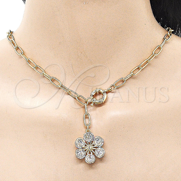 Gold Filled Necklace — Fancy Necklace Flower and Rolo Design with White — alternate product view — SKU 161391 | Oro Laminado collar — elegante Necklace flor and Rolo diseño with blanco — SKU 161391