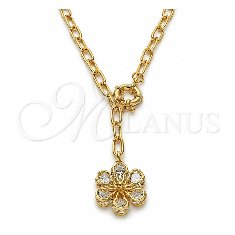 Oro Laminado Fancy Necklace, Gold Filled Style Flower and Rolo Design, with White Cubic Zirconia, Polished, Golden Finish, 04.63.1443.20 (Thickness, 20 Inches Length)