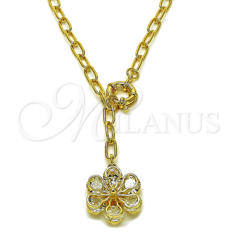 Oro Laminado Fancy Necklace, Gold Filled Style Flower and Rolo Design, with White Cubic Zirconia, Polished, Golden Finish, 04.63.1443.20 (Thickness, 20 Inches Length)