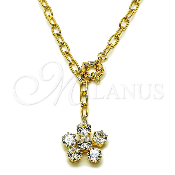 Oro Laminado Fancy Necklace, Gold Filled Style Flower and Rolo Design, with White Cubic Zirconia, Polished, Golden Finish, 04.63.1444.20 (Thickness, 20 Inches Length)