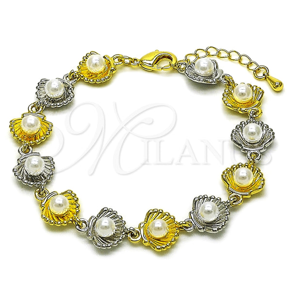 Oro Laminado Tennis Bracelet, Gold Filled Style Shell and Ball Design, with Ivory Pearl, Polished, Two Tone, 03.341.0246.07 (Thickness, 7 Inches Length)
