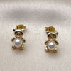 Oro Laminado Stud Earring, Gold Filled Style Teddy Bear Design, with Ivory Pearl, Polished, Golden Finish, 02.341.0257