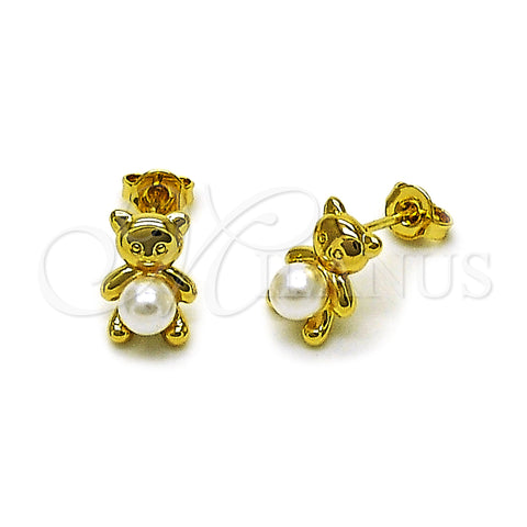 Oro Laminado Stud Earring, Gold Filled Style Teddy Bear Design, with Ivory Pearl, Polished, Golden Finish, 02.341.0257