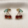 Oro Laminado Stud Earring, Gold Filled Style Cherry Design, with Garnet and Light Turquoise Cubic Zirconia, Polished, Golden Finish, 02.170.0522