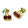 Oro Laminado Stud Earring, Gold Filled Style Cherry Design, with Garnet and Light Turquoise Cubic Zirconia, Polished, Golden Finish, 02.170.0522