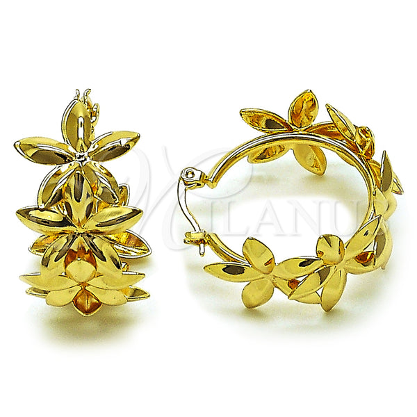 Gold Filled Hoop Earrings — Medium Hoop Flower Design Polished 02. — main product view — SKU 161451 | Oro Laminado aretes de aro — Medium Hoop flor diseño pulido 02. — SKU 161451