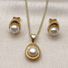 Oro Laminado Earring and Pendant Adult Set, Gold Filled Style Teardrop Design, with Ivory Pearl, Polished, Golden Finish, 10.342.0253