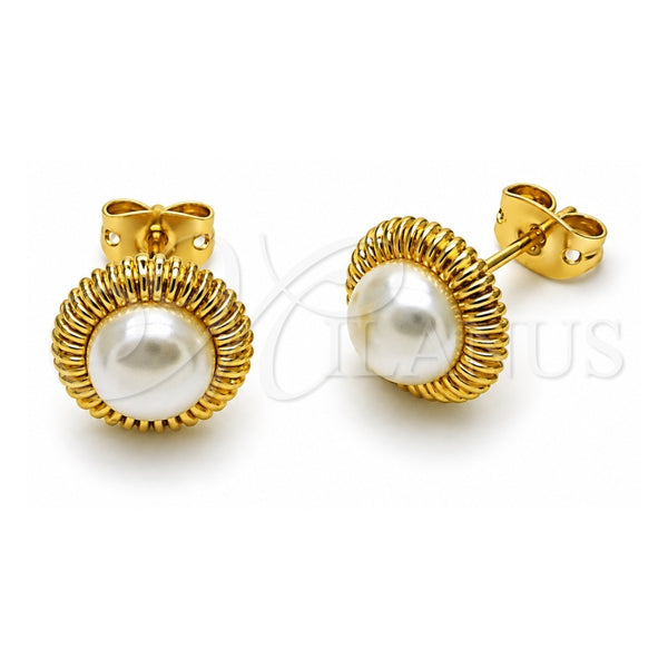 Oro Laminado Stud Earring, Gold Filled Style Flower Design, with Ivory Pearl, Polished, Golden Finish, 02.342.0362