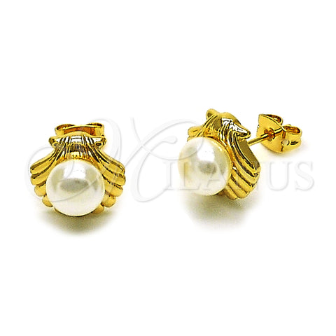 Oro Laminado Stud Earring, Gold Filled Style Shell Design, with Ivory Pearl, Polished, Golden Finish, 02.342.0364