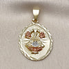 Oro Laminado Religious Pendant, Gold Filled Style Caridad del Cobre Design, Diamond Cutting Finish, Tricolor, 05.120.0098