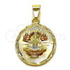 Oro Laminado Religious Pendant, Gold Filled Style Caridad del Cobre Design, Diamond Cutting Finish, Tricolor, 05.120.0098