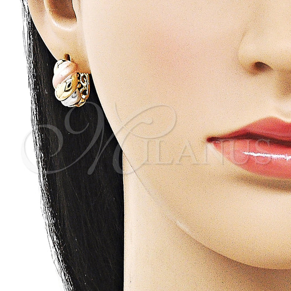 Gold Filled Hoop Earrings — Huggie Hoop Twist Design Polished Tricolor 02. — alternate product view — SKU 161468 | Oro Laminado aretes de aro — Huggie Hoop Twist diseño pulido Tricolor 02. — SKU 161468