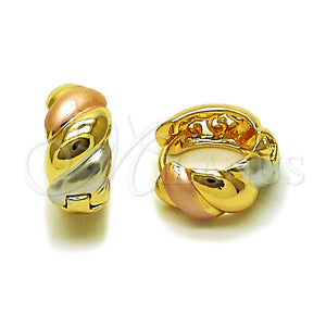 Gold Filled Hoop Earrings — Huggie Hoop Twist Design Polished Tricolor 02. — main product view — SKU 161468 | Oro Laminado aretes de aro — Huggie Hoop Twist diseño pulido Tricolor 02. — SKU 161468