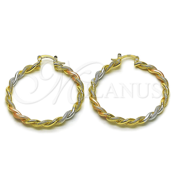 Oro Laminado Small Hoop, Gold Filled Style Twist Design, Diamond Cutting Finish, Tricolor, 02.170.0398.1.40