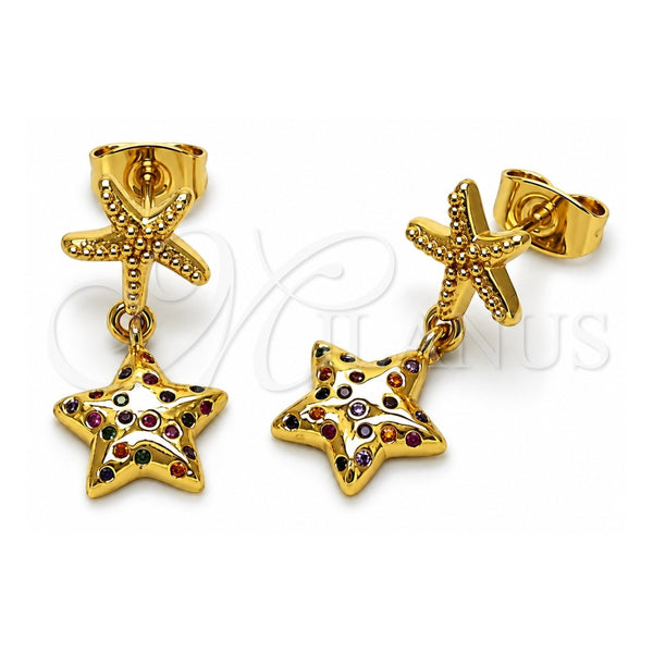 Oro Laminado Stud Earring, Gold Filled Style Star Design, with Multicolor Micro Pave, Polished, Golden Finish, 02.282.0046