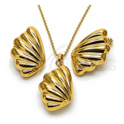 Oro Laminado Earring and Pendant Adult Set, Gold Filled Style Shell and Hollow Design, Polished, Golden Finish, 10.282.0013