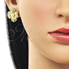 Oro Laminado Stud Earring, Gold Filled Style Flower and Ball Design, with Ivory Pearl, Diamond Cutting Finish, Golden Finish, 02.282.0053