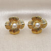 Oro Laminado Stud Earring, Gold Filled Style Flower and Ball Design, with Ivory Pearl, Diamond Cutting Finish, Golden Finish, 02.282.0053