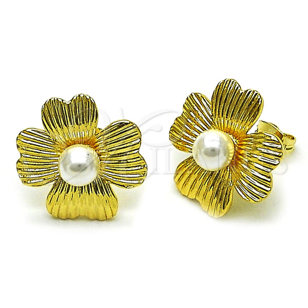 Oro Laminado Stud Earring, Gold Filled Style Flower Design, with Ivory Pearl, Diamond Cutting Finish, Golden Finish, 02.282.0054