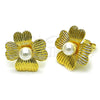 Oro Laminado Stud Earring, Gold Filled Style Flower Design, with Ivory Pearl, Diamond Cutting Finish, Golden Finish, 02.282.0054