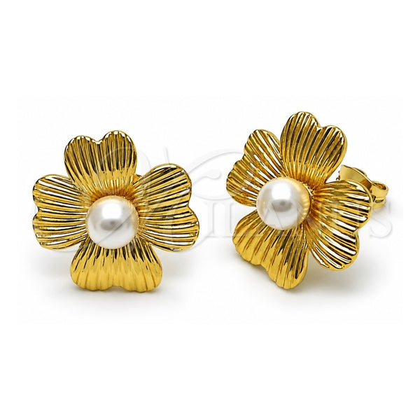 Oro Laminado Stud Earring, Gold Filled Style Flower Design, with Ivory Pearl, Diamond Cutting Finish, Golden Finish, 02.282.0054