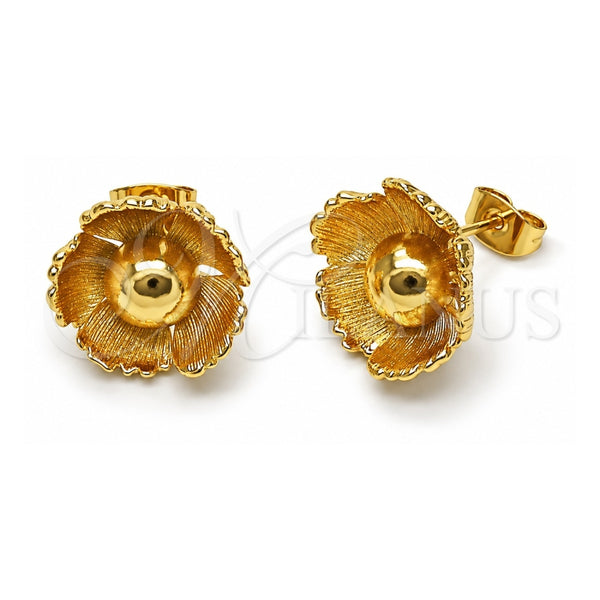 Oro Laminado Stud Earring, Gold Filled Style Flower Design, Diamond Cutting Finish, Golden Finish, 02.282.0055