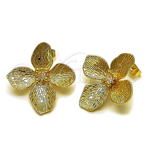 Oro Laminado Stud Earring, Gold Filled Style Flower Design, with White Cubic Zirconia, Diamond Cutting Finish, Golden Finish, 02.282.0061