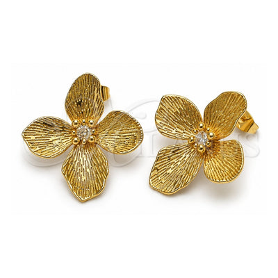 Oro Laminado Stud Earring, Gold Filled Style Flower Design, with White Cubic Zirconia, Diamond Cutting Finish, Golden Finish, 02.282.0061