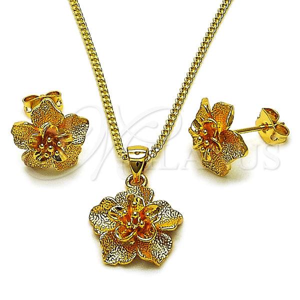 Oro Laminado Earring and Pendant Adult Set, Gold Filled Style Flower Design, Matte Finish, Golden Finish, 10.342.0257