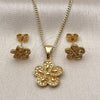 Oro Laminado Earring and Pendant Adult Set, Gold Filled Style Flower Design, Polished, Golden Finish, 10.342.0258