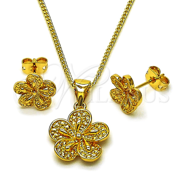 Oro Laminado Earring and Pendant Adult Set, Gold Filled Style Flower Design, Polished, Golden Finish, 10.342.0258