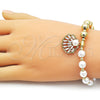 Oro Laminado Fancy Bracelet, Gold Filled Style Expandable Bead and Shell Design, with White Cubic Zirconia and Ivory Pearl, Polished, Golden Finish, 03.341.0247.07