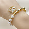 Oro Laminado Fancy Bracelet, Gold Filled Style Expandable Bead and Shell Design, with White Cubic Zirconia and Ivory Pearl, Polished, Golden Finish, 03.341.0247.07