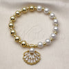 Oro Laminado Fancy Bracelet, Gold Filled Style Expandable Bead and Shell Design, with White Cubic Zirconia and Ivory Pearl, Polished, Golden Finish, 03.341.0247.07