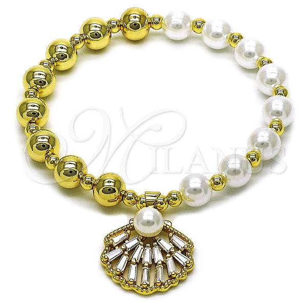Oro Laminado Fancy Bracelet, Gold Filled Style Expandable Bead and Shell Design, with White Cubic Zirconia and Ivory Pearl, Polished, Golden Finish, 03.341.0247.07