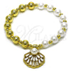 Oro Laminado Fancy Bracelet, Gold Filled Style Expandable Bead and Shell Design, with White Cubic Zirconia and Ivory Pearl, Polished, Golden Finish, 03.341.0247.07