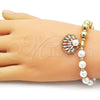 Oro Laminado Fancy Bracelet, Gold Filled Style Expandable Bead and Shell Design, with White Cubic Zirconia and Ivory Pearl, Polished, Golden Finish, 03.341.0247.07 (08 MM Thickness, 7 Inches Length)