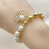 Oro Laminado Fancy Bracelet, Gold Filled Style Expandable Bead and Shell Design, with White Cubic Zirconia and Ivory Pearl, Polished, Golden Finish, 03.341.0247.07 (08 MM Thickness, 7 Inches Length)