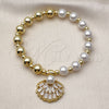 Oro Laminado Fancy Bracelet, Gold Filled Style Expandable Bead and Shell Design, with White Cubic Zirconia and Ivory Pearl, Polished, Golden Finish, 03.341.0247.07 (08 MM Thickness, 7 Inches Length)