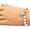 Oro Laminado Fancy Bracelet, Gold Filled Style Expandable Bead and Shell Design, with Ivory Pearl and White Cubic Zirconia, White Enamel Finish, Golden Finish, 03.341.2294.07
