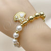 Oro Laminado Fancy Bracelet, Gold Filled Style Expandable Bead and Shell Design, with Ivory Pearl and White Cubic Zirconia, White Enamel Finish, Golden Finish, 03.341.2294.07