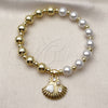 Oro Laminado Fancy Bracelet, Gold Filled Style Expandable Bead and Shell Design, with Ivory Pearl and White Cubic Zirconia, White Enamel Finish, Golden Finish, 03.341.2294.07