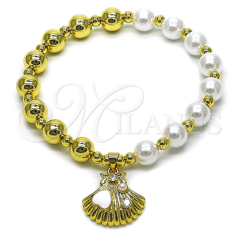 Oro Laminado Fancy Bracelet, Gold Filled Style Expandable Bead and Shell Design, with Ivory Pearl and White Cubic Zirconia, White Enamel Finish, Golden Finish, 03.341.2294.07