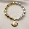 Oro Laminado Fancy Bracelet, Gold Filled Style Expandable Bead and Shell Design, with Ivory Pearl and White Cubic Zirconia, White Enamel Finish, Golden Finish, 03.341.2294.07 (08 MM Thickness, 7 Inches Length)